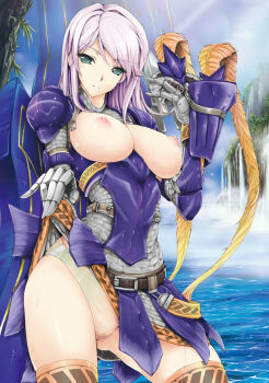 1girl alternate_color armor belt breasts breasts_out capcom clothes_lift cloud cover day fantasy feathers female_focus gauntlets green_eyes hair_intakes hat helmet hermitaur_(armor) kizuki_aruchu large_breasts light_purple_hair light_rays long_hair looking_at_viewer monster_hunter_(series) naughty_face nipples no_bra nude open_clothes outdoors panties parted_bangs public_indecency puffy_nipples see-through_clothes skirt skirt_lift sky smile solo standing steam strap sunbeam sunlight swept_bangs thighhighs underwear wading water waterfall wet wet_clothes wet_panties white_hair white_panties yellow_panties zenra zettai_ryouiki