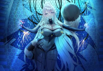 1girl absurdres black_gloves blue_eyes bodysuit breasts cable cleavage commission deogho_(liujinzy9854) elbow_gloves fingerless_gloves gloves gluteal_fold grey_bodysuit highres large_breasts long_hair original ponytail raccoon_tail shadow smile sparks tail thigh_gap white_hair