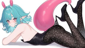 1girl absurdres antennae aqua_hair armpit_crease ass bare_arms bare_shoulders black_leotard black_shoes breasts brown_pantyhose closed_mouth clothes_pull commentary english_commentary from_side high_heels highres legs_up leotard looking_at_viewer looking_to_the_side lying medium_hair mugripley nontraditional_playboy_bunny on_stomach original pantyhose pantyhose_pull pink_eyes pulling_own_clothes shoes small_breasts solo strapless strapless_leotard tail tail_raised the_pose thick_eyebrows