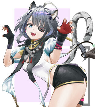 1girl :d ahoge animal_ears arknights arknights:_endfield arms_up black_gloves black_hair black_shorts black_tail blue_eyes breasts claw_pose commentary_request cowboy_shot eyepatch fingerless_gloves fingernails gloves grey_tail hair_ornament highres jewelry leaning_forward long_hair necklace one_eye_covered open_mouth partial_commentary red_gloves short_shorts shorts small_breasts smile solo standing tail tail_raised tangtang_(arknights) tassel teeth upper_teeth_only yuuuuukiiiii007