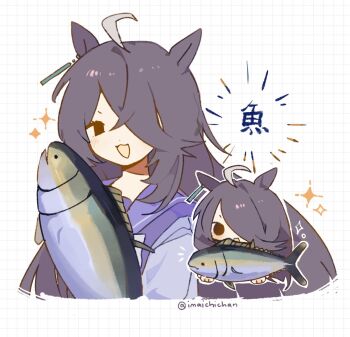 1girl ahoge animal animal_ears black_hair blush commentary ear_tag fish grid_background hair_over_one_eye holding holding_animal holding_fish horse_ears horse_girl imaichichan long_hair looking_at_viewer manhattan_cafe_(umamusume) manhattan_cafe_holding_a_fish_(meme) meme multiple_views open_mouth outline purple_shirt school_uniform shirt simple_background sparkle tracen_school_uniform twitter_username umamusume white_outline