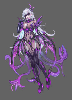 1girl :d absurdres blindfold bodysuit breasts claws commentary_request commission dark_persona demon_girl demon_horns demon_tail demon_wings elbow_gloves fingernails full_body gloves grey_background grey_hair highres horns latex latex_bodysuit long_fingernails long_hair low_wings medium_breasts open_mouth original second-party_source see-through_bodysuit see-through_clothes sharp_fingernails shen_hai_ichigo shiny_clothes smile solo tail tentacles thighhighs variant_set very_long_hair wings