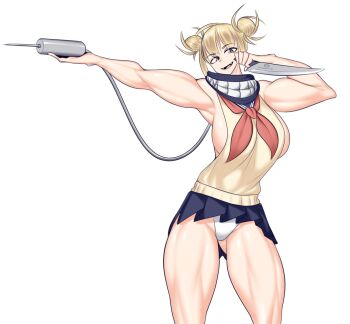1girl blonde_hair blunt_bangs boku_no_hero_academia breasts double_bun hair_bun highres knife large_breasts muscular muscular_female onaeane panties scarf skirt solo syringe thighs toga_himiko toned underwear white_background yellow_eyes