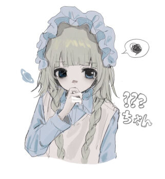 Rule 34 | 1girl, bandaid, bandaid on face, bandaid on nose, blonde hair, blue eyes, braid, frilled hairband, frills, hairband, hand to own mouth, hayu (hayu0305), long hair, long sleeves, looking at viewer, original, spoken squiggle, squiggle, sweater vest, twin braids, upper body, white background