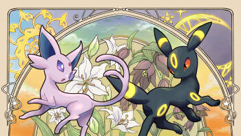 Rule 34 | :d, black eyes, black fur, closed mouth, colored sclera, espeon, eye contact, full body, gen 2 pokemon, highres, looking at another, looking back, nintendo, no humans, okiza yuuri, open mouth, pink fur, pokemon, pokemon (creature), pokemon focus, purple sclera, red sclera, smile, umbreon, yellow fur