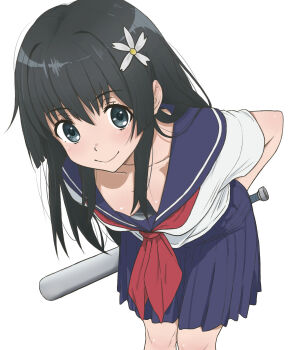 1girl andreypavlow baseball_bat black_hair blue_eyes blue_sailor_collar blue_skirt breasts commentary downblouse flower hair_flower hair_ornament highres holding holding_baseball_bat leaning_forward long_hair looking_at_viewer metal_baseball_bat neckerchief pleated_skirt red_neckerchief sailor_collar sakugawa_school_uniform saten_ruiko school_uniform serafuku shirt skirt small_breasts smile solo summer_uniform toaru_kagaku_no_railgun toaru_majutsu_no_index white_background white_shirt