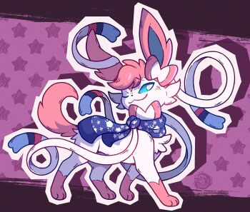 :3 animal_focus animal_hands blue_eyes blue_scarf border bow closed_mouth full_body gen_6_pokemon highres looking_at_viewer nintendo no_humans one_eye_closed ouroborotter pink_fur pokemon pokemon_(creature) pokemon_focus purple_background purple_border ribbon scarf simple_background solo standing star_(symbol) star_symbol_background sylveon two-tone_fur white_fur