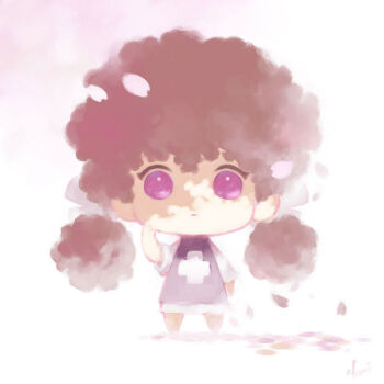 1girl afro_puffs alternate_hairstyle archived_source arm_at_side artist_name black_dress bow brown_hair closed_mouth commentary cross cross_print dappled_sunlight dated_commentary double_bun dress english_commentary expressionless full_body hair_between_eyes hair_bow hair_bun kinky_hair layered_dress legs_apart no_nose no_sclera original pale_color pink_petals print_dress purple_eyes ruby-ko simple_background solid_circle_eyes solo standing sunlight tanaka_kunihiko three-quarter_sleeves white_background white_bow white_dress white_sleeves