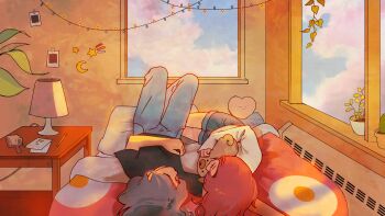 2girls angela_he bedroom black_shirt day denim denim_shorts facing_another fairy_lights grey_hair highres hugging_object indoors knees_up lamp looking_at_another lying missed_messages multiple_girls non-web_source official_art on_back on_bed on_side pink_hair plant potted_plant shirt shorts t-shirt window_light