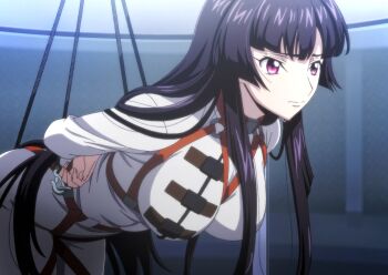 1girl anime_screenshot arms_behind_back bdsm black_hair bodysuit bondage bound bound_arms bound_breasts breasts code_geass code_geass:_dakkan_no_roze highres large_breasts long_hair official_alternate_costume red_eyes stitched straitjacket sumeragi_sakuya third-party_edit very_long_hair white_bodysuit