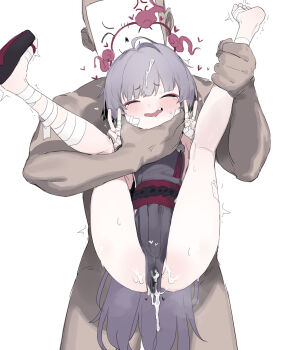 1boy 1girl ^_^ aftersex ahoge anger_vein bandage_on_face bandaged_hand bandaged_leg bandages bell black_dress black_kimono blue_archive blush closed_eyes cum cum_on_clothes cum_on_hair dark-skinned_male dark_skin doodle_sensei_(blue_archive) double_v dress facing_viewer fang geartlinger grey_hair hand_on_another's_chin hetero highres japanese_clothes jingle_bell kimono leg_grab lifting_person loli obi okobo open_mouth paper_on_head pelvic_curtain platform_sandals reverse_suspended_congress sandals sash sensei_(blue_archive) sex sex_from_behind sh_(shinh) short_dress shuro_(blue_archive) single_bare_foot sleeveless sleeveless_dress standing sweatdrop tearing_up trembling v white_background
