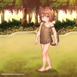 1girl :3 animal_ears animated bare_legs bare_shoulders barefoot brown_eyes brown_hair cat_ears cat_girl cat_tail closed_mouth collarbone covered_erect_nipples covered_navel fanbox_username feet female_focus flat_chest full_body grass kurotsuki_(luowei99) live2d loli looking_at_viewer looping_animation off_shoulder original outdoors paid_reward_available short_hair slave_clothes smile solo standing strap_slip tail toes video walk_cycle walking watermark web_address