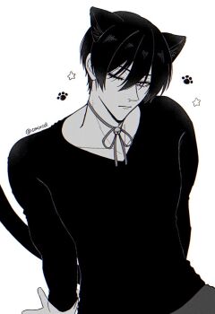 Rule 34 | 1boy, animal ears, bell, blue lock, cat boy, cat ears, cat tail, closed mouth, cmixcdi, greyscale, highres, itoshi rin, jingle bell, long sleeves, looking at viewer, male focus, monochrome, one eye closed, simple background, sitting, solo, tail, v-neck, white background