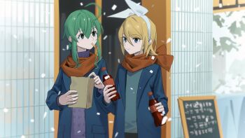 2girls :t ahoge blonde_hair blue_coat blue_eyes blue_sweater bottle bow closed_mouth coat eating food_in_mouth green_eyes green_hair gumi hair_bow hairband highres holding holding_bottle kagamine_rin medium_hair multiple_girls open_clothes open_coat red_scarf scarf short_hair sidelocks sign snow soda sweater tile_wall tiles turtleneck turtleneck_sweater vocaloid white_bow white_hairband winter_clothes wounds404
