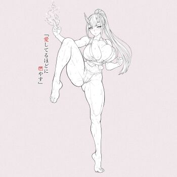 1girl absurdres blush breasts cameltoe cleavage clenched_hand collarbone commentary double-parted_bangs english_commentary feet fire full_body fundoshi grey_background greyscale hand_up highres horns huge_breasts japanese_clothes jrin_27 knee_up knees legs lineart long_hair long_legs looking_at_viewer monochrome navel oni original parted_lips partially_visible_vulva pyrokinesis solo standing standing_on_one_leg sweat tiptoes toes translation_request unfinished very_sweaty