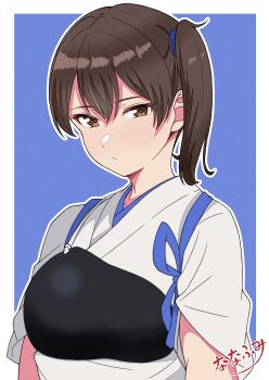 1girl absurdres blue_background blush border breasts brown_eyes brown_hair highres japanese_clothes kaga_(kancolle) kantai_collection kimono muneate nanafumi_(nanafumino) short_hair short_side_ponytail side_ponytail signature solo thighhighs upper_body white_border white_kimono