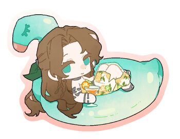 1girl aerith_gainsborough aerith_gainsborough_(citric_dress) armlet border bracelet brown_hair chibi chibi_only choker costa_del_sol dress final_fantasy final_fantasy_vii final_fantasy_vii:_ever_crisis food food_print fruit fruit_print green_eyes green_ribbon grey_choker hair_ribbon half_updo highres innertube jewelry linerhan long_dress looking_at_viewer on_innertube orange_(fruit) orange_print orange_slice parted_bangs pink_border print_dress ribbon sandals see-through_clothes see-through_skirt sidelocks skirt smile solo swim_ring tropical_drink white_background