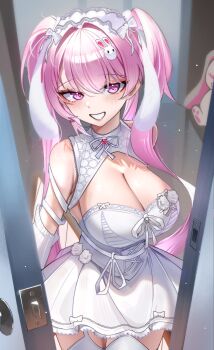 1girl 1im_illus absurdres alice_(marchen_dream)_(nikke) alice_(nikke) animal_ears breasts cleavage commentary dress english_commentary fake_animal_ears goddess_of_victory:_nikke grin hair_ornament highres large_breasts long_hair official_alternate_costume pink_eyes pink_hair rabbit_ears rabbit_hair_ornament smile solo stuffed_animal stuffed_rabbit stuffed_toy twitter_username very_long_hair white_dress