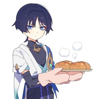 Rule 34 | 1boy, belt, black belt, black bodysuit, black bridal gauntlets, black hair, black shorts, blue cape, blue eyes, blue gemstone, blue kimono, blue pupils, blue sleeves, blunt ends, blush, bodysuit, bread, bridal gauntlets, cape, closed mouth, clothing cutout, commentary request, covered collarbone, expressionless, eyeliner, eyeshadow, food, furisode, gem, genshin impact, gold, hag (hag 015), hands up, highres, hip vent, holding, holding tray, japanese clothes, juban, kimono, layered sleeves, looking at viewer, makeup, male focus, mandarin collar, open clothes, open kimono, oven mitts, purple rope, purple sash, red eyeliner, red eyeshadow, ringed eyes, rope, sash, scaramouche (genshin impact), short sleeves, shorts, shoulder peek, solo, stream, tray, tsurime, twitter username, upper body, vision (genshin impact), wanderer (genshin impact), white background, white kimono, white sleeves, wispy bangs