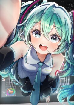 1girl aqua_eyes aqua_hair aqua_necktie aqua_trim armpit_crease bare_shoulders black_skirt black_sleeves blush breasts collared_shirt commentary_request double-parted_bangs eyelashes foreshortening grey_shirt hair_between_eyes hatsune_miku headgear highres index_finger_raised long_hair looking_at_viewer medium_breasts microphone necktie number_tattoo open_mouth pleated_skirt reaching reaching_towards_viewer shirt shoulder_tattoo skirt sleeveless sleeveless_shirt smile solo tattoo teeth through_medium twintails upper_teeth_only vocaloid yu-muge