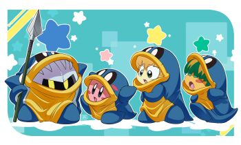 1boy 1girl absurdres animal_costume animal_hood blonde_hair blue_eyes border brother_and_sister bun_(kirby) colored_skin commentary cosplay fumu_(kirby) green_eyes green_hair hair_over_eyes highres holding holding_polearm holding_weapon hood hood_up kirby kirby:_right_back_at_ya! kirby_(series) looking_at_another mask meta_knight multicolored_hair nintendo nto0710o0 official_alternate_costume open_mouth outside_border penguin_costume penguin_hood pengy_(kirby) pengy_(kirby)_(cosplay) polearm short_hair siblings signature smile spear standing star_(symbol) symbol-only_commentary two-tone_hair weapon white_border yellow_eyes yellow_skin