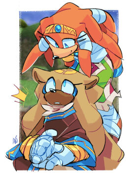 2girls black_dress blue_eyes commentary dress english_commentary facial_mark forehead_mark furry furry_female gold_the_tenrec highres leaning_forward looking_at_another looking_up mintywhisker multiple_girls orange_fur screenshot_background smile sonic_(series) sonic_the_hedgehog_(archie_comics) tenrec_girl tikal_the_echidna yellow_fur