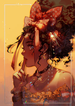 1girl bare_shoulders blue_eyes bow bracelet brown_hair choker commentary_request dark-skinned_female dark_skin dolores_madrigal duplicate earrings encanto finger_to_mouth gradient_background hair_bow jewelry kawacy necklace pixel-perfect_duplicate portrait red_bow ring tan tanline yellow_theme