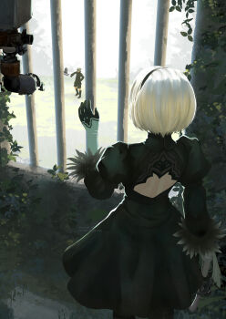1boy 1girl 2b_(nier:automata) 9s_(nier:automata) back_cutout black_boots black_dress black_gloves black_hairband black_jacket black_shorts blindfold boots clothing_cutout commentary_request dress feather-trimmed_sleeves feet_out_of_frame from_behind gloves hairband highres iron_bars jacket juliet_sleeves leaf long_sleeves looking_at_another mitsuki_nite nier:automata nier_(series) pod_(nier:automata) puffy_sleeves short_hair shorts standing turtleneck turtleneck_dress white_hair