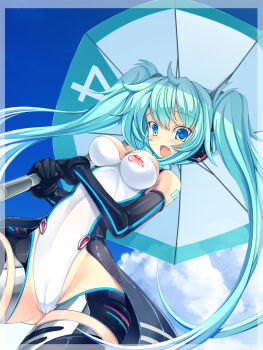 1girl aqua_eyes aqua_hair bare_shoulders cameltoe cowboy_shot elbow_gloves fang female_focus gloves goodsmile_company goodsmile_racing hatsune_miku highres leotard long_hair open_mouth project_diva project_diva_(series) project_diva_extend race_queen racing_miku racing_miku_(2011) solo thighhighs torisan twintails umbrella very_long_hair vocaloid