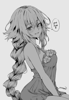 1girl alternate_costume bare_shoulders blush braid breasts commentary english_commentary english_text fate/apocrypha fate/grand_order fate_(series) hair_between_eyes highres jeanne_d&#039;arc_(fate) jeffraeson long_hair looking_at_viewer medium_breasts open_mouth smile solo speech_bubble very_long_hair