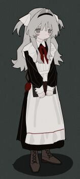 1cyaya1 1girl absurdres apron black_dress blush_stickers book bow bowtie brown_shoes commentary dress english_commentary frown full_body grey_background grey_eyes grey_hair highres holding holding_book ino_(1cyaya1) long_dress looking_at_viewer original red_bow red_bowtie shoes simple_background solo white_apron