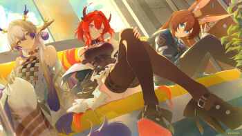 3girls amiya_(arknights) animal_ears arknights artist_name ascot bare_shoulders belt_pouch black_dress black_horns black_shoes blue_ascot blue_collar blue_eyes blue_hair breasts brown_hair burnt_clothes chest_strap closed_mouth cloud collar colored_extremities commentary couch crossed_legs day demon_girl demon_horns dragon_girl dragon_horns dragon_tail dress dutch_angle earrings eastern_dragon_horns eyeliner feet_out_of_frame frilled_ascot frills full_body hair_between_eyes hair_intakes hand_on_own_knee head_tilt high_heels highres hood hooded_jacket horns indoors infection_monitor_(arknights) jacket jewelry laevatein_(la3vatein) long_hair long_sleeves looking_at_viewer makeup medium_breasts multicolored_hair multiple_girls multiple_rings necklace off_shoulder on_couch open_clothes orange_eyeliner pantyhose pointy_ears ponytail pouch purple_ascot purple_eyes rabbit_ears rabbit_girl red_hair rhodes_island_logo_(arknights) ring ring_on_every_finger scenery shirt shoes shu_(arknights) sitting skirt smile smiley_face strapless strapless_shirt surtr_(arknights) tail tassel tassel_earrings thigh_strap thighhighs thumb_ring tube_top v very_long_hair white_tube_top window yellow_hands zettai_ryouiki