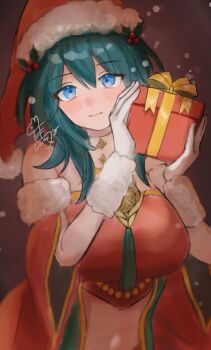 1girl bare_arms bare_shoulders blue_eyes blue_hair breasts cape commentary_request female_byleth_(fire_emblem) female_byleth_(frosty_professor)_(fire_emblem) fire_emblem fire_emblem:_three_houses fire_emblem_heroes fur-trimmed_cape fur_trim fur_wrist_cuffs gloves hair_ornament hat hat_ornament highres holly_hair_ornament holly_hat_ornament large_breasts midriff nintendo official_alternate_costume red_cape santa_costume santa_hat stomach tassel turtleneck white_gloves wrist_cuffs yumart_w00f