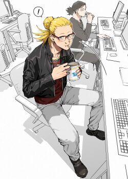 ! 2boys aizawa_shota black_hair blonde_hair boku_no_hero_academia collarbone computer_keyboard computer_mouse cup_ramen drinking facial_hair food_in_mouth glasses hair_bun highres kaido_(kaido_ggg) male_focus monochrome_background multiple_boys mustache ponytail present_mic red_shirt shirt sitting speech_bubble spoken_exclamation_mark
