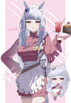 1girl absurdres animal_ears apron bandaid bandaid_on_leg blunt_bangs blush gold_ship_(umamusume) grey_hair hand_on_own_hip highres holding holding_tray horse_ears horse_girl horse_tail jacket koroeda6 long_hair maid_apron maid_headdress pink_jacket pink_skirt purple_eyes sidelocks skirt solo tail tray umamusume