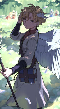 Rule 34 | 2boys, 3girls, alain (unicorn overlord), angel wings, bito kibi, blonde hair, commentary request, dappled sunlight, feathers, hair between eyes, hand on own head, head wings, highres, holding, holding staff, looking at viewer, male focus, multiple boys, multiple girls, ochlys (unicorn overlord), outdoors, protected link, puffy sleeves, raenys (unicorn overlord), sanatio (unicorn overlord), scarlett (unicorn overlord), short hair, staff, sunlight, turtleneck, unicorn overlord, white wings, wings