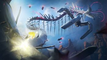 Rule 34 | 1boy, 2204design, 3d, battle, blender (medium), cloud, commentary, english commentary, explosion, firing, flying, gloves, glowing, highres, mecha, missile, no humans, non-humanoid robot, red shoes, robot, rocket, science fiction, sharp teeth, shoes, sky, sonic (series), sonic frontiers, sonic the hedgehog, spikes, super sonic, teeth, weapon, white gloves, wyvern (sonic frontiers)