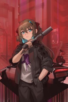 1boy 1girl black_pants blue_eyes brown_hair car closed_mouth commentary cowboy_shot cyberpunk_(series) cyberpunk_2077 english_commentary gun hair_between_eyes hair_ribbon hand_in_pocket highres holding holding_gun holding_weapon jacket kermit_the_frog long_hair long_sleeves motor_vehicle neuro-sama open_clothes open_jacket outdoors paintrfiend pants red_ribbon ribbon robot_girl shirt vedal987 vedal_ai virtual_youtuber weapon white_shirt