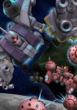 Rule 34 | aiming, asteroid, battle, beam cannon, beam rifle, bit (gundam), cable, color variation, commentary request, crater, energy gun, finger cannon, fusion, glowing, glowing eye, gundam, gundam gihren no yabou, gundam gquuuuuux, highres, hiraken, kikeroga (gquuuuuux), mecha, mecha focus, mobile armor, mobile suit, mobile suit gundam, moon, nebula, no humans, original, red eyes, red gundam, redesign, robot, rx-78-2 gundam casval custom, science fiction, scope, solomon (asteroid), space, spacecraft, star (sky), thrusters, v-fin, vernier thrusters, weapon, white base, yellow eyes, zeon, zeong, zero gravity