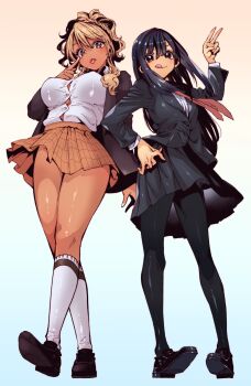 2girls :q akanbe black_hair black_jacket black_pantyhose black_skirt blazer blonde_hair blue_background breasts button_gap collared_shirt dress_shirt eyelid_pull food_court_de_mata_ashita full_body gradient_background hand_on_own_hip highres jacket kneehighs large_breasts loafers long_hair long_sleeves multiple_girls nariie_shin'ichirou open_clothes open_jacket orange_skirt pantyhose pink_background plaid_clothes plaid_skirt pleated_skirt shirt shoes skirt socks tan tongue tongue_out upskirt v wada_(food_court) white_shirt white_socks wind wind_lift yamamoto_(food_court)