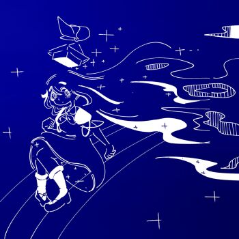 Rule 34 | 1girl, 3ma can omochi, abstract, blue theme, bobby socks, closed mouth, commentary request, diffraction spikes, dress, floating, floating hat, full body, hand up, hat, highres, kamishirasawa keine, long hair, looking at viewer, mary janes, monochrome, neckerchief, pigeon-toed, puffy short sleeves, puffy sleeves, shoes, short sleeves, socks, solo, tokin hat, touhou, very long hair