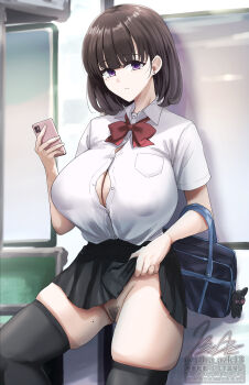 1girl bag black_hair black_skirt black_thighhighs bob_cut bow breasts button_gap cellphone cleavage clothes_lift earrings female_pubic_hair flashing highres holding holding_phone huge_breasts ibara_azuki jewelry medium_hair mole mole_on_thigh no_panties original partially_unbuttoned phone pubic_hair purple_eyes pussy rabbit_ornament red_bow saeki-san_(ibara_azuki) school_bag school_uniform shirt skindentation skirt skirt_lift smartphone solo standing thighhighs train_interior twitter_username watermark white_shirt