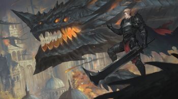 Rule 34 | 1boy, arm armor, armor, blonde hair, buzz cut, chest armor, chest plate, city, destruction, dragon, ear piercing, earrings, explosion, extra eyes, fire, flying, gauntlets, gloves, hand up, highres, jewelry, knight, leg armor, loincloth, looking to the side, male focus, mature male, nickakito, original, piercing, pointy ears, short hair, shoulder armor, shoulder pads, smoke, spiked hair, sword, very short hair, weapon, yellow eyes