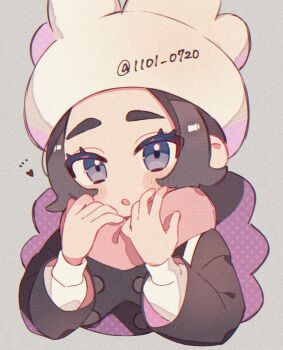 1girl ansha_(pokemon) black_coat black_hair blue_eyes blush coat hat highres long_hair long_sleeves looking_at_viewer nintendo open_mouth pink_scarf pokemon pokemon_legends:_z-a scarf sitting solo sumeragi1101 sweater upper_body white_hat white_sweater winter_clothes winter_coat
