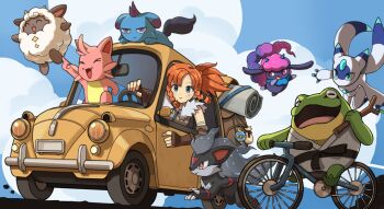 Rule 34 | arm tattoo, bag, bicycle, blue eyes, braid, car, cattiva, cloud, croajiro, daedream, depresso, fur trim, highres, lamball, lunaris (palworld), motor vehicle, official art, official wallpaper, pal (creature), pal sphere, palworld, player character (palworld), red hair, sleeping pad, smokie (palworld), tattoo, textless version, twin braids
