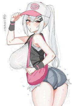 1girl arm_support ass bag baseball_cap black_vest blush breasts cosplay cowboy_shot denim denim_shorts exposed_pocket grey_hair hakase_fuyuki hand_on_headwear hat high_ponytail highres hilda_(pokemon) hilda_(pokemon)_(cosplay) huge_breasts long_hair looking_at_viewer nijisanji nintendo number_hair_ornament open_clothes open_vest parted_lips pi_(math) pokemon pokemon_bw ponytail red_bag red_eyes shirt short_shorts shorts shoulder_bag sidelocks simple_background solo steaming_body suisogenshi sweat tented_shirt thighs twisted_torso vest virtual_youtuber white_background white_shirt
