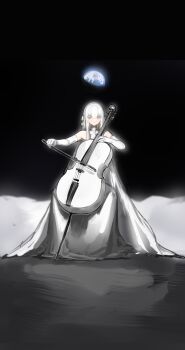 1girl absurdres bare_shoulders blue_eyes commentary_request dress earth_(planet) elbow_gloves full_body gloves highres holding holding_instrument holding_violin instrument long_dress looking_at_viewer lump_saury music original planet playing_instrument sitting solo violin white_dress white_gloves white_hair