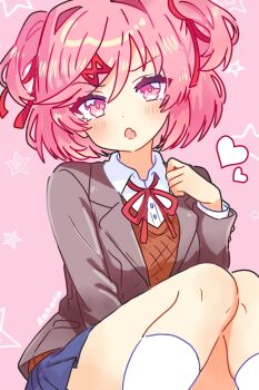 Rule 34 | 1girl, blue skirt, brown vest, convenient leg, doki doki literature club, doki doki literature club school uniform, fang, grey jacket, hair intakes, hair ornament, hair ribbon, hairclip, hashtag-only commentary, heart, highres, jacket, kneehighs, miniskirt, natsuki (doki doki literature club), neck ribbon, open clothes, open jacket, open mouth, pastel.moch, pink background, pink eyes, pink hair, red ribbon, ribbon, school uniform, shirt, short hair, sidelocks, simple background, skin fang, skirt, socks, solo, star (symbol), star symbol background, two side up, vest, white shirt, white socks