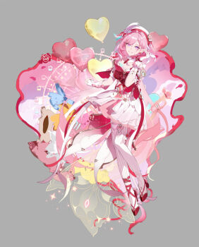 1girl balloon beret breasts commentary_request diamond-shaped_pupils diamond_(shape) dress earrings elf elysia_(hi_love_elf)_(honkai_impact) elysia_(honkai_impact) full_body grey_background hat heart heart_balloon heart_earrings high_heels honkai_(series) honkai_impact_3rd jewelry large_breasts long_hair looking_at_viewer multicolored_hair mumu123 pink_hair pointy_ears purple_eyes red_dress simple_background smile solo symbol-shaped_pupils thighhighs two-tone_dress two-tone_hair very_long_hair white_dress white_hair white_thighhighs