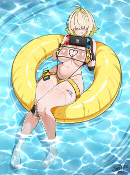 Rule 34 | 1girl, :p, ahoge, barefoot, bikini, blonde hair, blush, breasts, elegg (boom and shock) (nikke), elegg (nikke), feet, gloves, goddess of victory: nikke, hair intakes, hair over eyes, innertube, jarckius, large breasts, legs, lying, multicolored hair, navel, nintendo switch, official alternate costume, on back, partially submerged, playing games, playing video games, pool, short hair, single glove, slingshot swimsuit, smile, solo, swim ring, swimsuit, toes, tongue, tongue out, two-tone hair, water, wet, yellow bikini